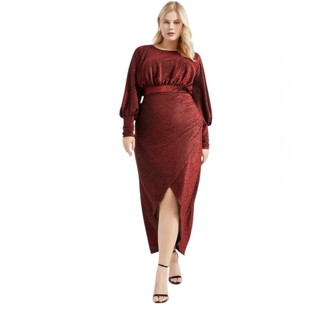 Eloquii red metallic balloons sleeves rushed waist maxi dress size 20new formal